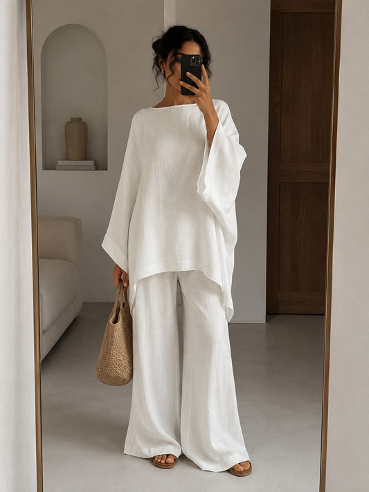 Ensemble blanc fluide top oversize et pantalon large