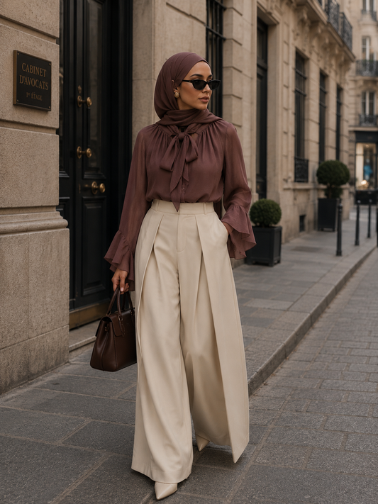 Pantalon Naël large taille haute beige crème plis marqués coupe palazzo